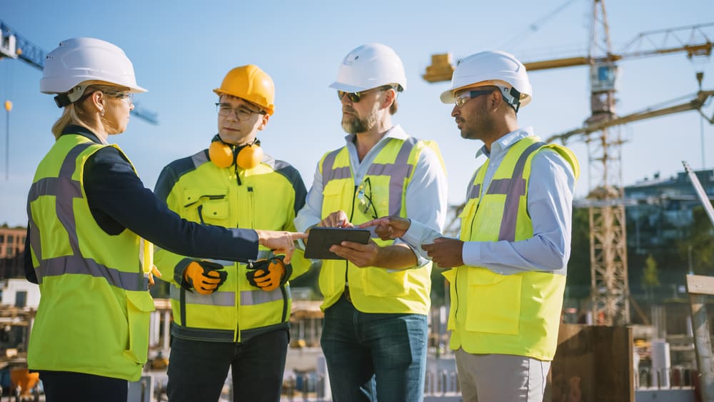 Diverse Team Of Specialists Use Tablet Computer On Construction Site.